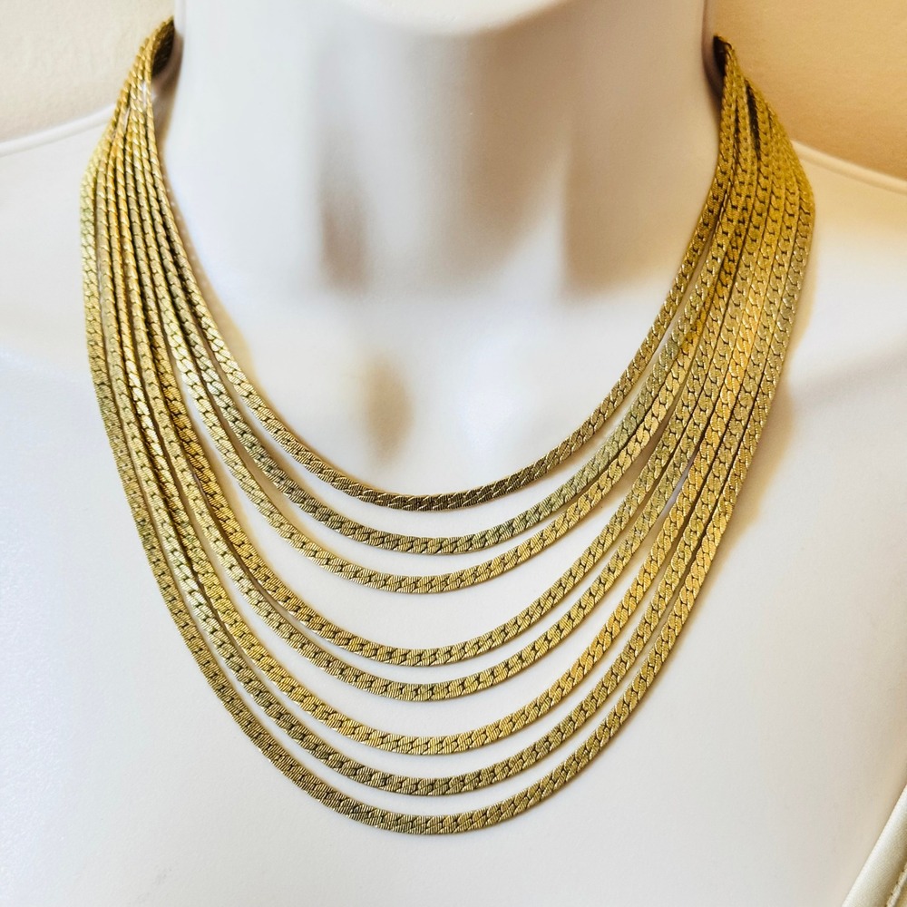 Monet Signed Bib Necklace VTG Collar Gold Tone Metal multi chain Layered 60s 18"